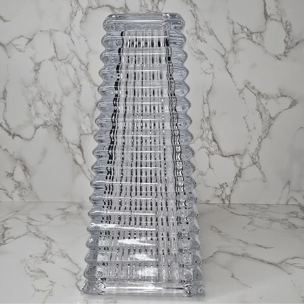 Heavy Clear Crystal Ribbed Tapered Rectangular Vase 10 Inch Modern Decor